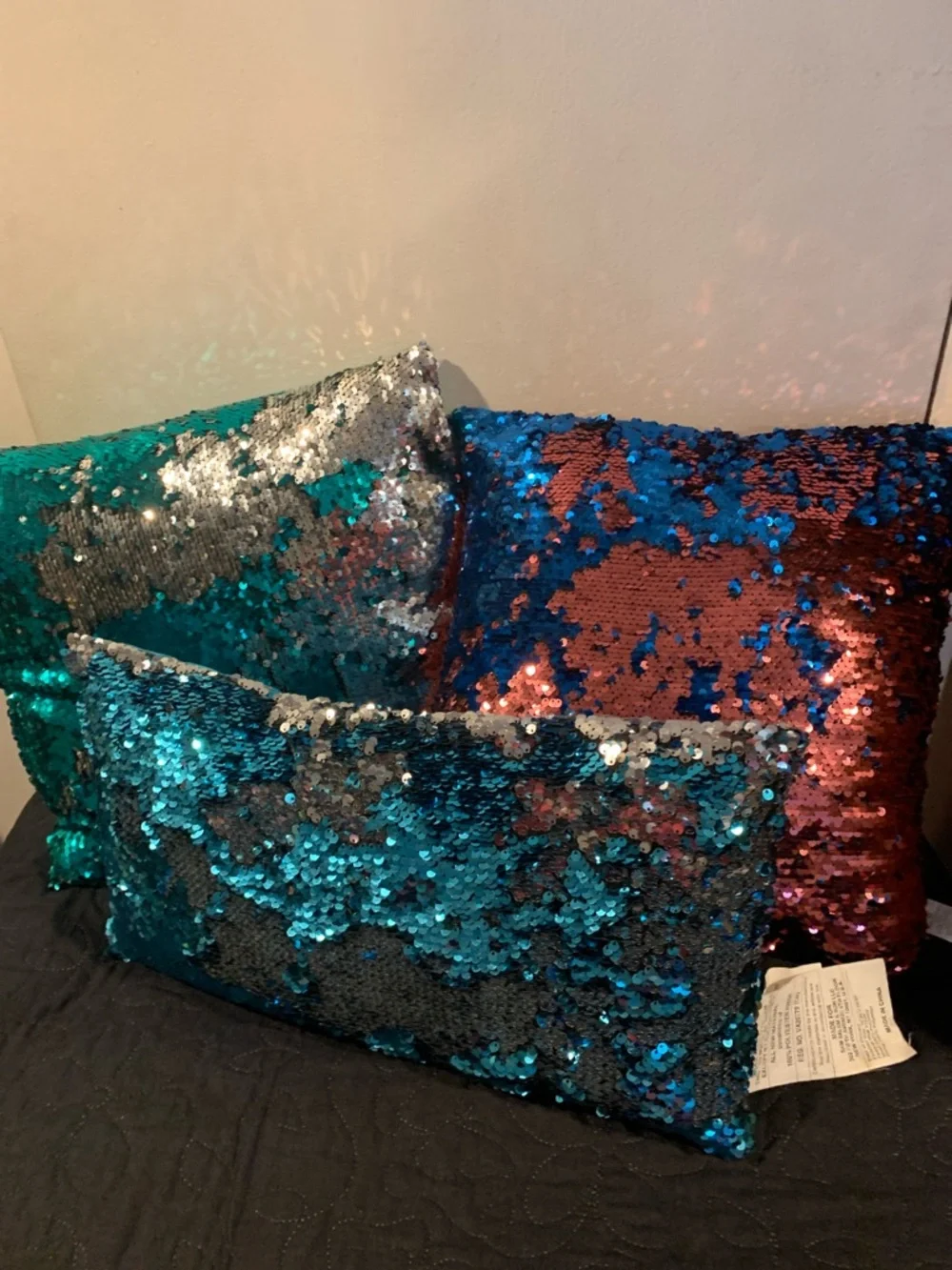 3 Sequin Pillows - Blue / Teal